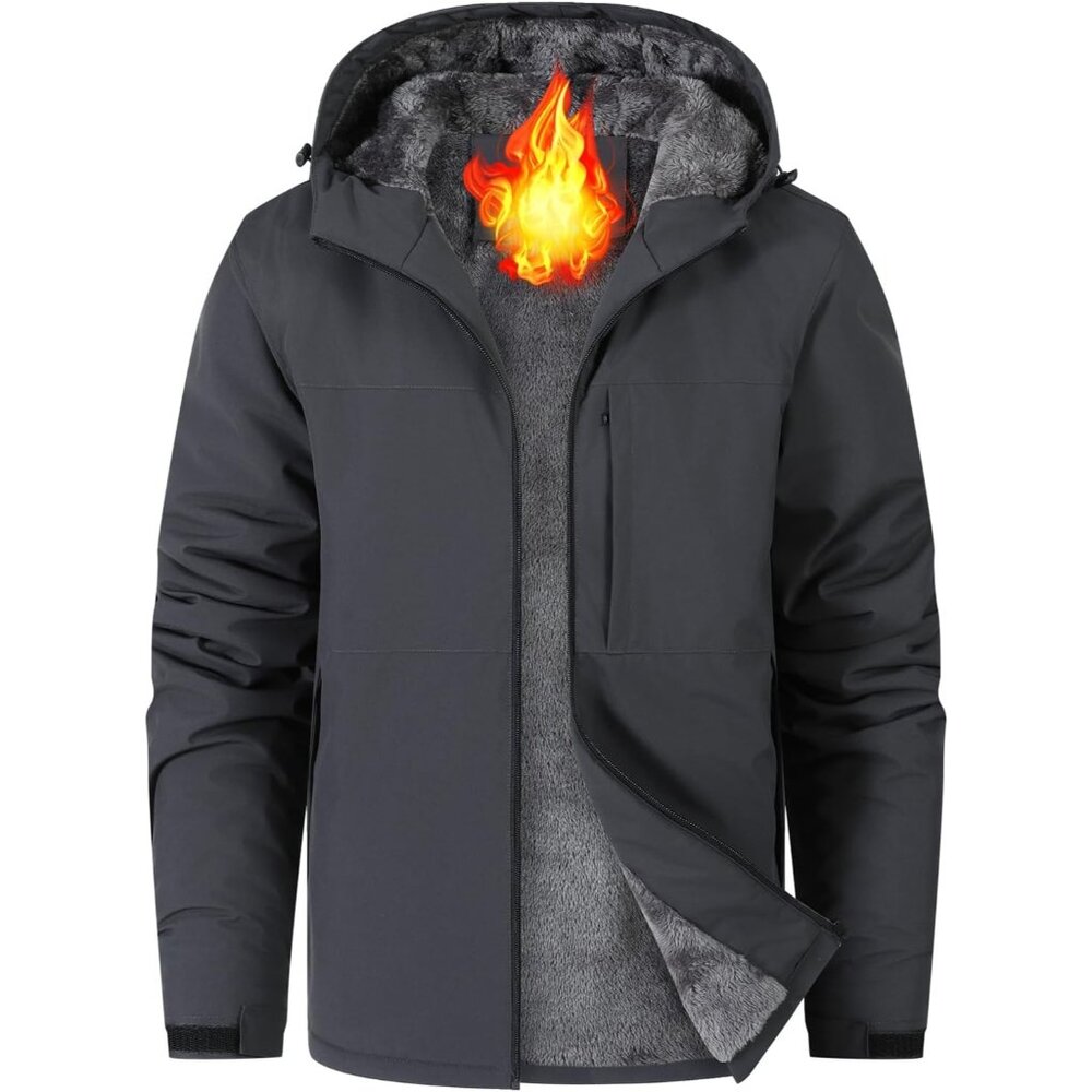 Men's Waterproof Snow Gray Jacket Fleece Lined Warm Winter Rain Jacket with Hood